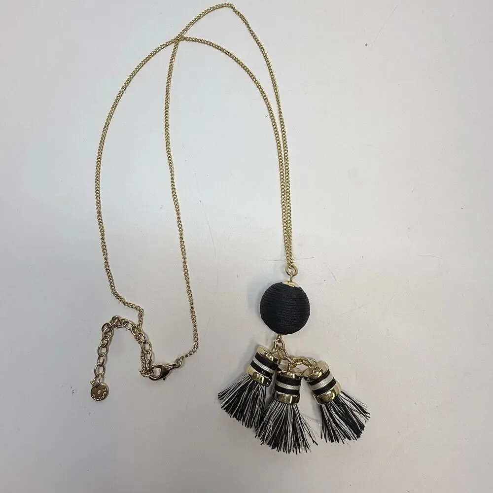 Talbots Gold Black And White Thread Wrapped Sphere W/Tassels Long Necklace